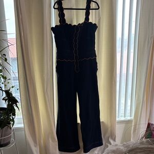 FARM Rio Navy Jumpsuit with Scalloped Trim